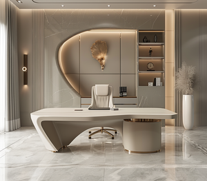 Modern Luxury White Executive Office <b>Desk</b> with Curved Design, <b>Large</b> CEO Manager Workstation with Side Table - Product Image 1