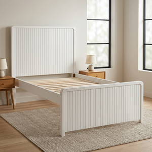 Minimalist White/Black Double Size <b>Bed</b> <b>Frame</b> - Wooden <b>Platform</b> <b>Bed</b> With Panel Design - Product Image 4