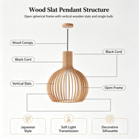 Petite suspension en bois naturel à lattes, globe en bois côtelé fait main, économe en énergie, pour salle à manger, îlot de cuisine, café