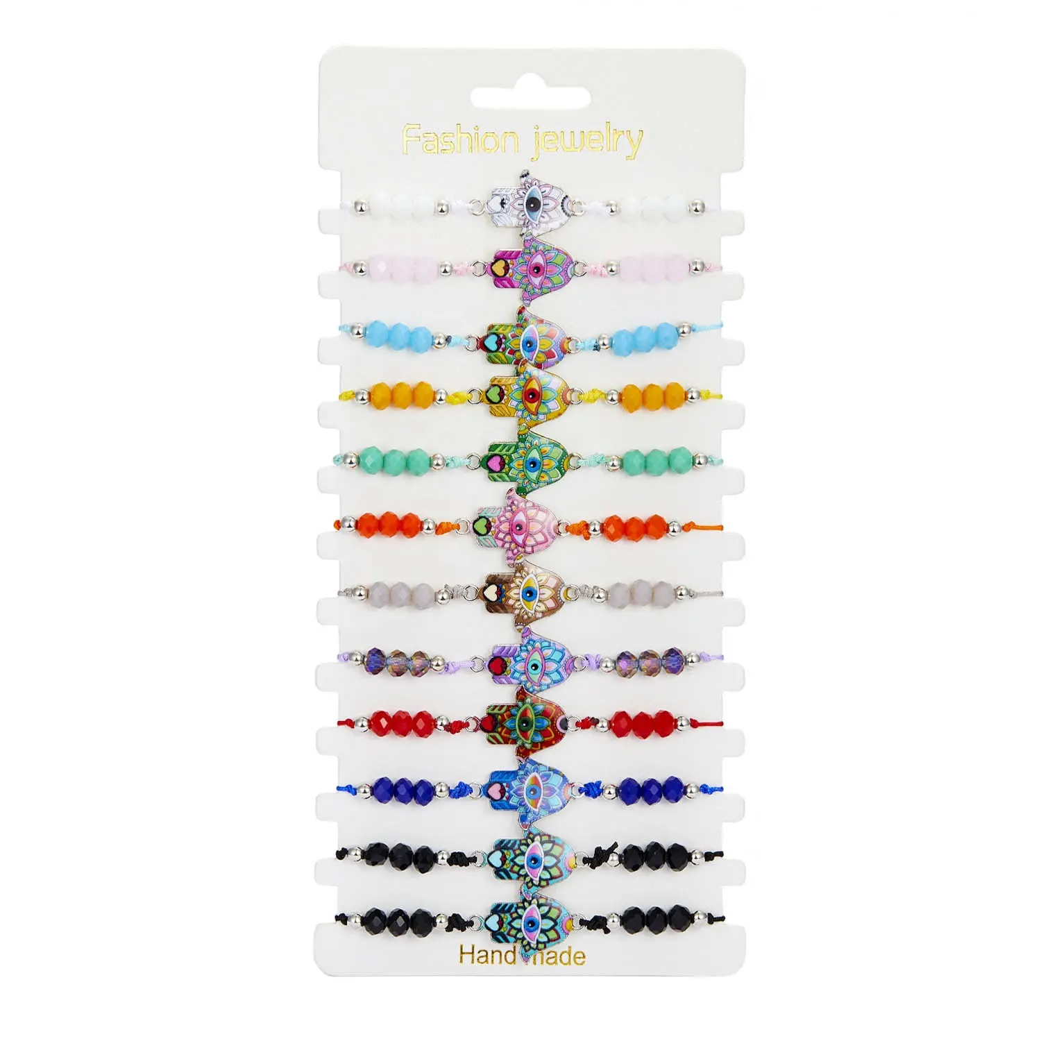 Amazon Fashion Evil Blue Eye Fatima Palm Patch Color Crystal Rice Beads Bracelets Set Handmade Woven Adjustable Bracelet Jewelry