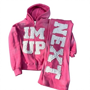 Pink Hooded Zipper Sweatshirt With <b>Applique</b> "IM UP NEXT" <b>Lettering</b> Streetwear For Adults Unisex Full Sleeve Spring Wear - Product Image 1