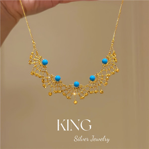 Collier en dentelle plaqué or en argent S925 avec perle et perles bleues, collier tendance pour femmes, bijoux King Silver - Product Image 3