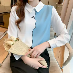 Blus Sifon Wanita Lengan Panjang, Kemeja Kantor Elegan Korea Musim Semi Musim Gugur