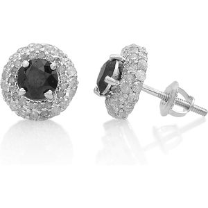 Ornaatis Boucles d'oreilles Halo en diamant noir 2,60 carats, taille ronde, or blanc 10 carats, fermoir à vis, pour femme - Product Image 1