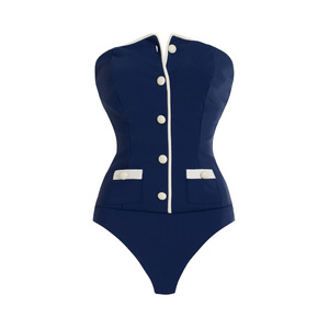 Women Navy Blue Bandeau One Piece Swimsuit White Contrast <b>Trim</b> Decorative Buttons High Cut <b>Bathing</b> Suit Wholesale Beachwear - Product Image 1