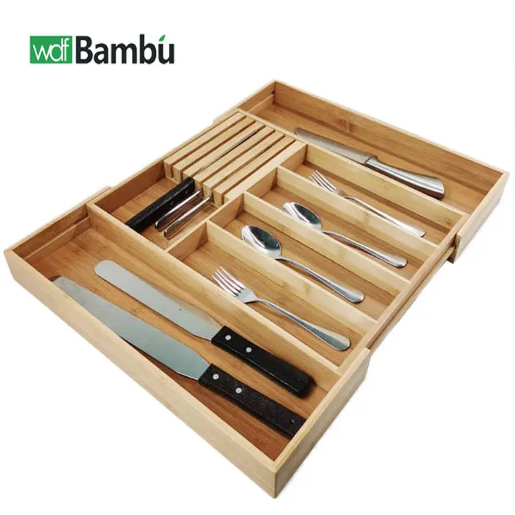 WDF, gran oferta, OEM, organizadores de gaveta, bandeja para cubiertos, cuchara y tenedor, organizador de cocina, organizador de cubiertos de bambú, cocina