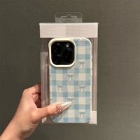 Coque de téléphone portable en TPU à motif quadrillé bleu avec nœud, étui de protection en cuir tendance pour iPhone 16 15 17 Air 18 Pro Max