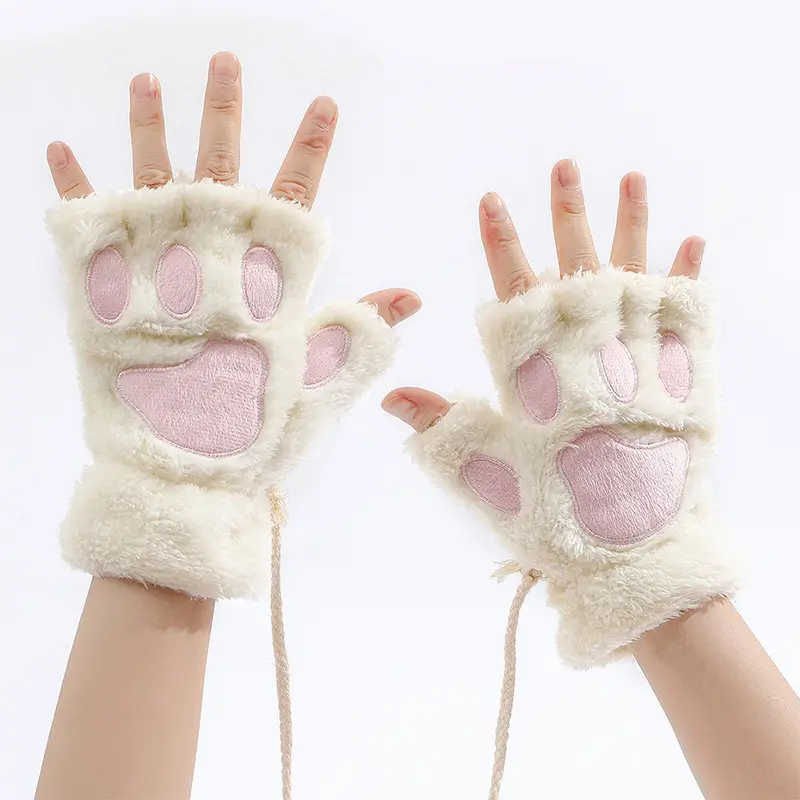 かわいいぬいぐるみふわふわクマ猫足爪手袋ミトン女性冬暖かい指なし手袋