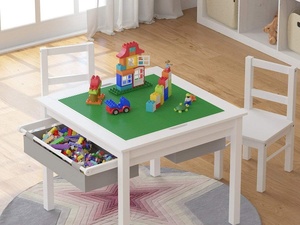 Table d'activités de construction 2-en-1 moderne en bois pour enfants avec 2 chaises, tiroirs de rangement et plateau intégré compatible <span class=keywords><strong>Duplo</strong></span> - Product Image 3