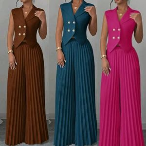 Dantel kumaş ofis giyim için moda kıyafetler yaka v yaka yelek & pileli geniş bacak pantolon seti iki parçalı kadın giyim - Product Image 1