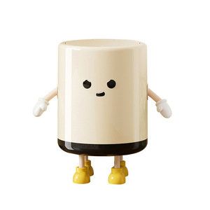 Cute Cylindrical Trash Can With Push Top <b>Lid</b> For Living Room Bedroom Bathroom Indoor Use Plastic Waste <b>Bin</b> - Product Image 5