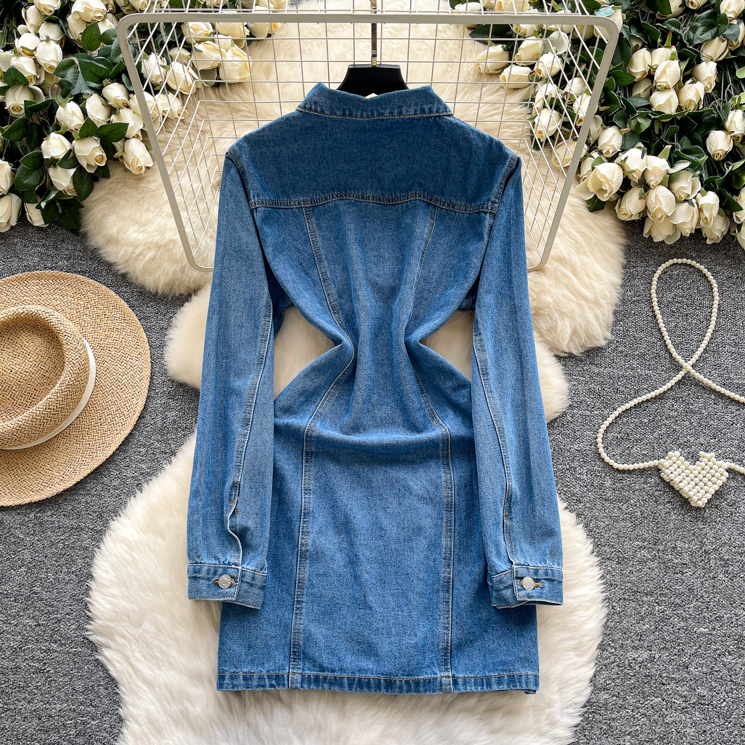 denim dress sleeve korean FEUSEUZ Women's Shirt Dress, Women's Long Sleeved Waist Cinched A-line Denim (M,Blue) at Amazon Women's Clothing store cinched waist with a tie belt Generic Girls Spring and Autumn