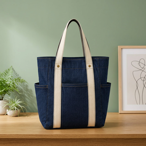 Sac fourre-tout en jean écologique réutilisable de taille moyenne, design personnalisé Navrit Creation, fermeture éclair, poignée d'épaule - Product Image 3