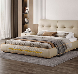 Casa moderna minimalista stile cremoso King-Size camera da letto allestita-fondina mezza pelle letto in legno massello per Villa letto Hotel - Product Image 4