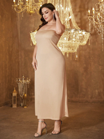 Robe de soirée élégante et chic pour femme grande taille, col montant, manches longues, patchwork de sequins, satin, coupe ample, maxi, couleur unie