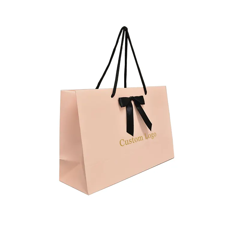 Bolsa de compras de cartón con asa de cinta, grande, rosa, de lujo, con logotipo personalizado, Oem