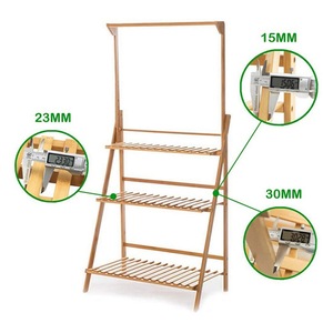 Bamboo 3 Tier Plant Stand <b>Foldable</b> Floor Standing With Hanging <b>Basket</b> For Indoor Outdoor Use - Product Image 4