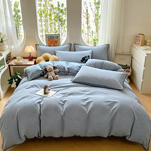 Juego <span class=keywords><strong>de</strong></span> Ropa <span class=keywords><strong>de</strong></span> <span class=keywords><strong>Cama</strong></span> <span class=keywords><strong>de</strong></span> Algodón con Borde Cosido Tipo Waffle, Transpirable, con Diseño a Cuadros, <span class=keywords><strong>para</strong></span> Hogar, Dormitorio y Hotel - Product Image 1