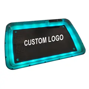 Grosir Logo kustom mesin penggulung asap menyala menyediakan baki penggulung kayu dengan lampu Led dan penggiling tembakau