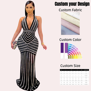 Robes pour femmes sexy en gros, jupe mode pour femmes, robe de soirée dos nu en V profond, robe longue sexy transparente ornée de diamants pour boîte de nuit - Product Image 1