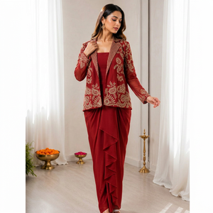 Conjunto de Sari de Seda Satinada Bordada en Borgoña con Volantes Florales, Traje Tradicional Moderno para Mujer, para Bodas, Graduaciones y Fiestas - Product Image 1