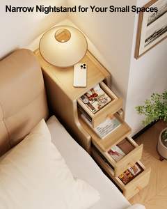 Solid Oak Narrow Nightstand with 3 Drawers Minimalist Modern <strong>Skinny</strong> <strong>Bedside</strong> <strong>Table</strong> for Bedroom Accent - Product Image 3