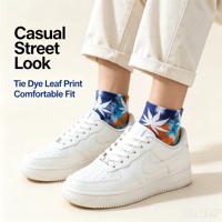 Chaussettes basses unisexes en coton tie-dye à motif feuille, fantaisie urbaine, personnalisables OEM avec logo, vente en gros