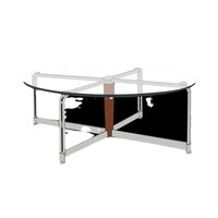 Table basse convertible ovale en verre trempé, style industriel nordique moderne, avec rangement et structure en métal noir mat durable