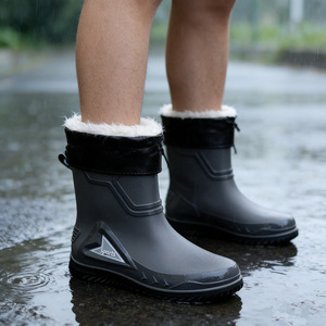 Rain Boots Men Mid Calf Waterproof Slip On Flat Heel Solid Color Outdoor Shoes For Fishing Delivery Riders - Product Image 3