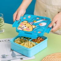 Boîte à lunch scolaire carrée en plastique, mignonne, à 3 compartiments, avec cuillère et baguettes