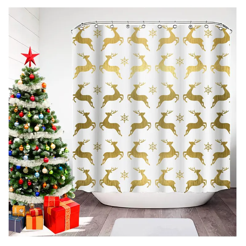 Christmas Santa Custom Ready Made Shower Curtain Deer Christmas Tree Pattern Fabric Shower Curtains