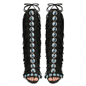 Stivali Estivi da Donna di Lusso Personalizzati con Frange in Stile Romano Vintage, Tacco Alto e Nappine Turchesi - Product Image 1