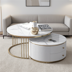 <span class=keywords><strong>Table</strong></span> basse de chambre moderne de luxe léger avec plateau en dalle de pierre blanche et structure en métal doré, design nordique emboî<span class=keywords><strong>table</strong></span>, multifonctionnelle - Product Image 3