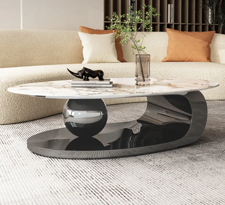 Mobiliário moderno da sala de estar, design de luxo, feixe de rock, aço inoxidável, mesa de café oval para hotel