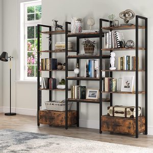 رف كتب ثلاثي من 5 مستويات مع 2 أدراج رف كتب خشبي ومعدني على النمط الصناعي - Product Image 3