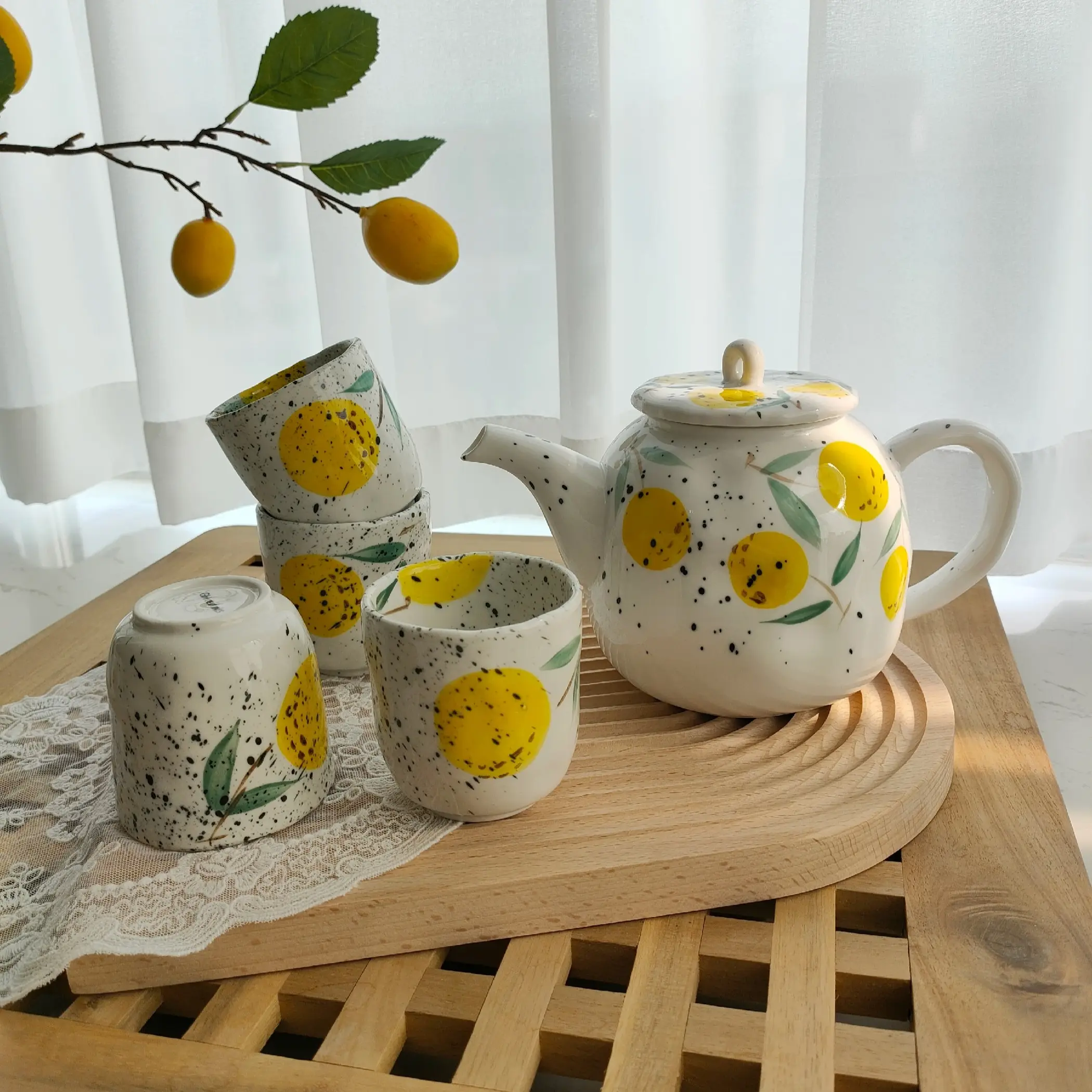 SYL Japanese style ins creative fruit pattern ceramic teapot cute cold kettle cup under glazed hand-painted tea set