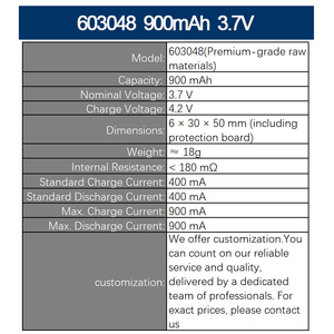 Batería Profesional de LiNiMnCoO2 de 603048 900mAh 3.7V (Materias Primas de Primera Calidad) para Equipos Médicos KC UL1642 UN38.3 - Product Image 2