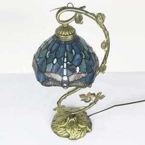 LongHuiJing 8Inch Tiffany Mediterranean Stained Glass Desk <b>Lamp</b> Metal Leaf Thin <b>Base</b> LED AC E26 2700K Soft Warm - Product Image 3