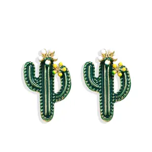 Raffia Fun Koreaanse Groene Bloemen Bts Kerst Statement Groene Cactus Leuke Stud Oorbellen Nickle Gratis