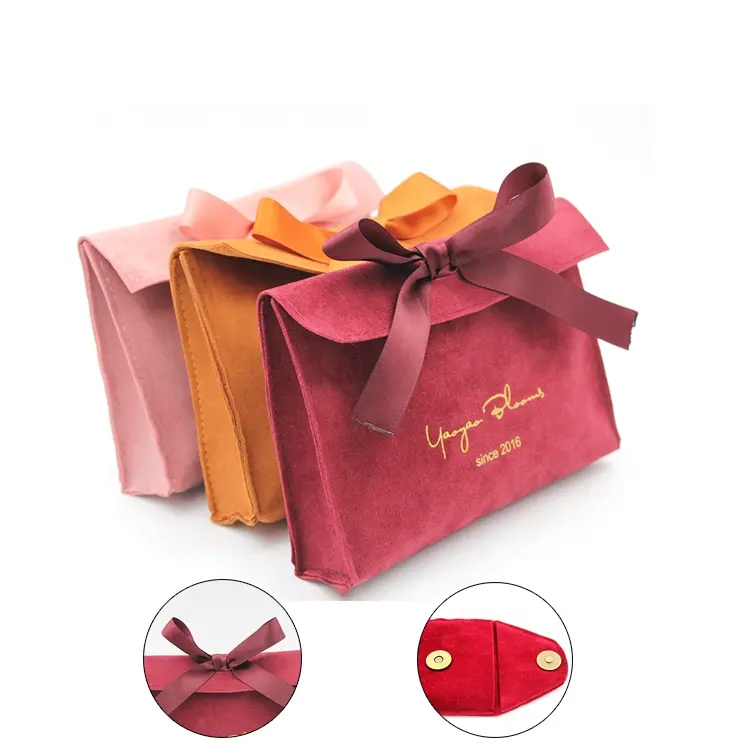 Nieuwste Luxe Ontwerp Custom Logo Gedrukt Kleine Envelop Flap Suede Sieraden Zak Fluwelen Zakjes Met Boog-knoop