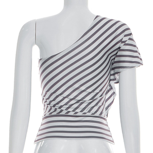 Viviblook J26TP083, Camiseta Casual de Verano para Mujer, Sexy, Asimétrica, con Rayas y Hombros Descubiertos, para Damas - Product Image 4