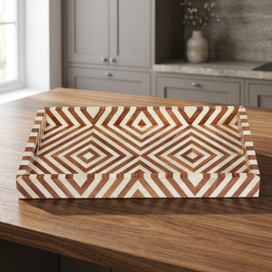 Plateau de service rectangulaire en bois marbré marron, motif chevron diamant, fait main, design décoratif pour la maison - Product Image 1
