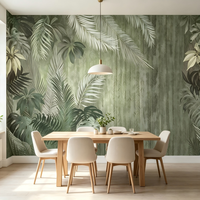 Papier peint vintage vert sauge à motifs de palmiers tropicaux et de feuilles de Monstera, écologique, murale botanique jungle pour salon, chambre, restaurant