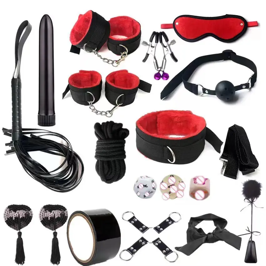 18 pz/set Nylon peluche manette polsino alla caviglia collo collare sesso frusta piuma bastone nastro dadi sesso coppia bondage set