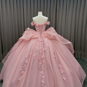 Vestido de Novia Estilo Quinceañera Los Ángeles Escote Corazón Color Rosa Caramelo Natural con Cuentas y Apliques de Encaje Hasta el Suelo - Product Image 4