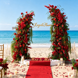 A9158 Arche de mariage en corne avec base en tissu et composition florale de delphinium <span class=keywords><strong>rouge</strong></span> pour toile de fond - Product Image 2