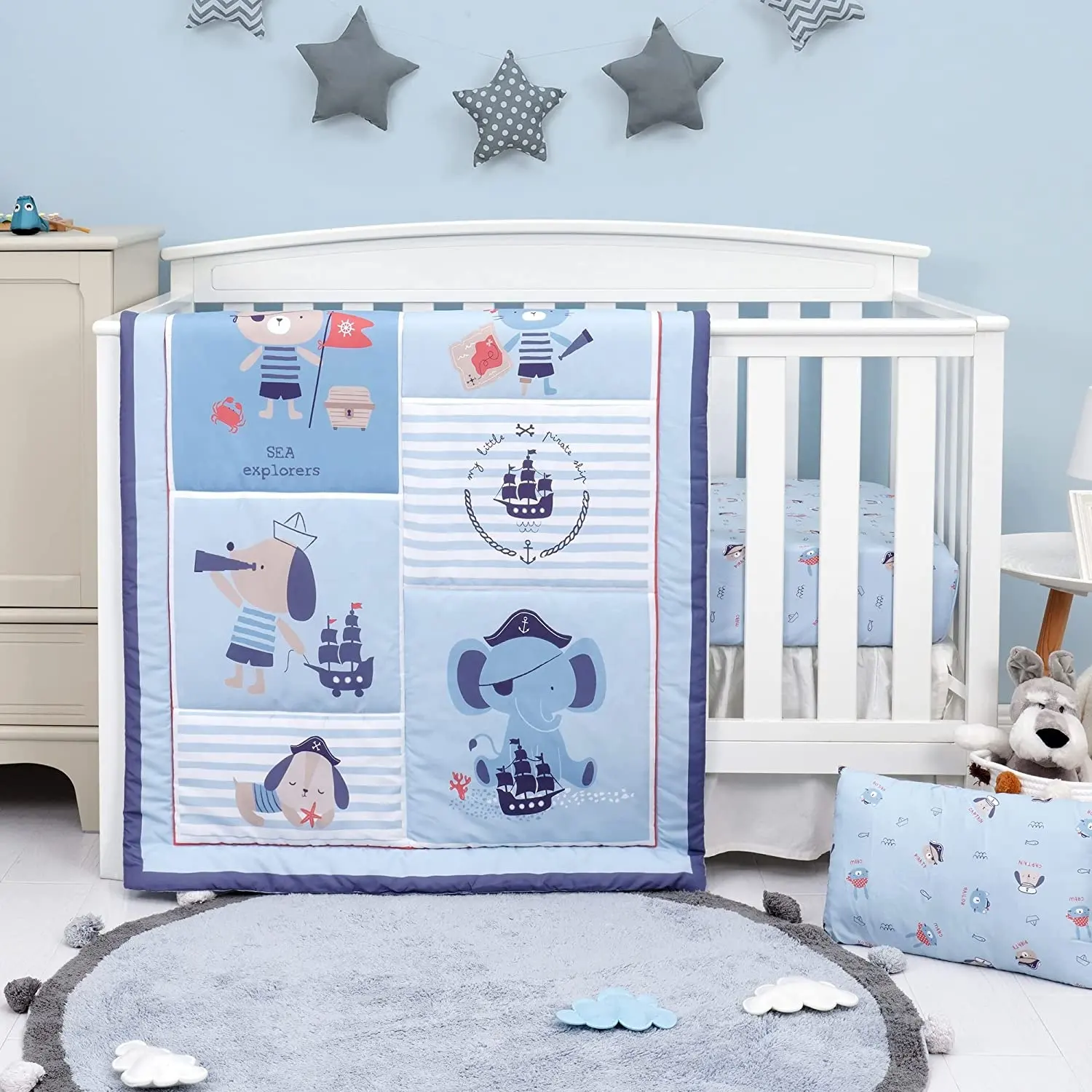 Pabrik OEM Set Seprai Tempat Tidur Bayi Laki-laki, Ranjang Gajah Biru Super Lembut Bernapas 3 Buah untuk Anak-anak