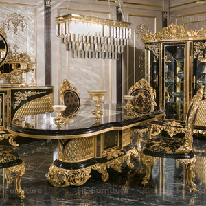 Thổ Nhĩ Kỳ Bàn Ăn Màu Đen Và Vàng Baroque Hoàng Gia Tay Chạm Khắc Bàn Ăn Đặt 8 Ghế Phòng Ăn Đồ Nội Thất - Product Image 1
