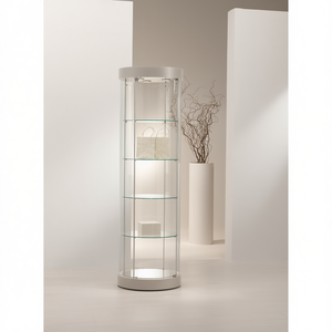 Vitrina Redonda de Vidrio Templado 71x190cm Gris Claro con Puerta Abatible con Cerradura, Iluminación LED y Estantes Ajustables - Product Image 3
