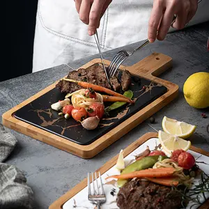 Marmeren Keramische Opladerplaat Met Bamboe Heat Pad Handvat Elegante Steak Dessert Serveerschaal Voor Servies Sets Eten Serveren